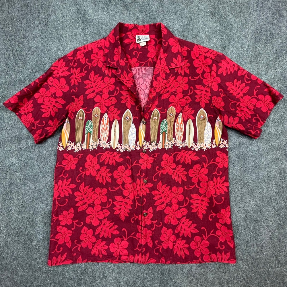 VTG Aloha Republic Hawaiian Shirt Mens XL Red Surfboard Hibiscus Floral USA Made
